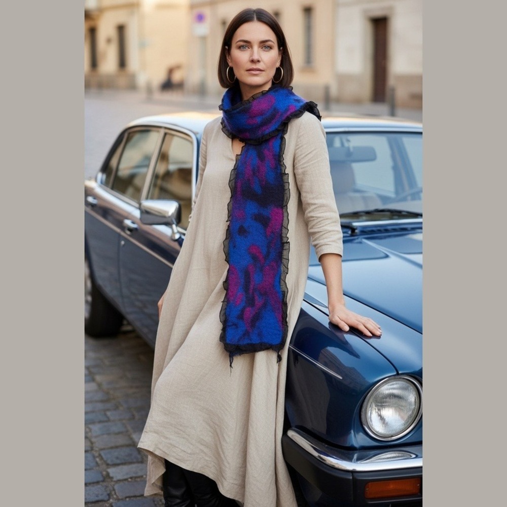 Authentic Andrea LeBeau Artisan Nuno Felted Scarf & Silk Chiffon Edges Lagenlook